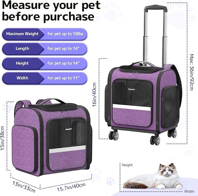 Rolling Cat Carrier with Wheels Dog Carrier for Small Dogs & Medium Cats, Expandable Pet Carrier on Wheels with Cat Play Tunnel, Large Capacity, Breathable Mesh, Side Pocket, Purple
