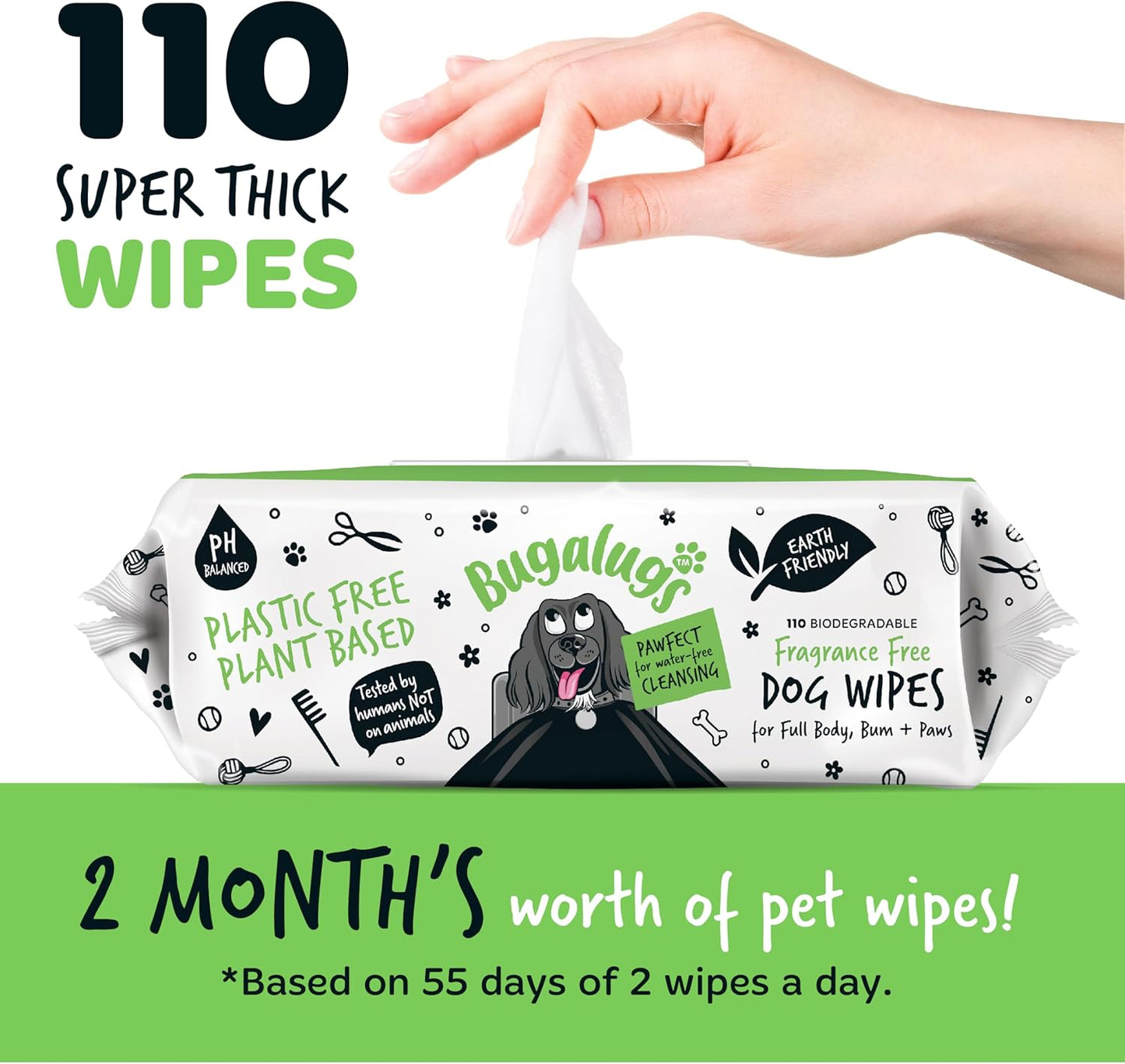 BUGALUGS Dog Wipes, 100% Plastic Free Biodegradable pet Wipes for Full Body, Eye Wipes, Ear Wipes, Bum & Paws. 110 Sensitive Dog Grooming Wipes for Dogs, Puppy & cat Grooming (Fragrance Free)
