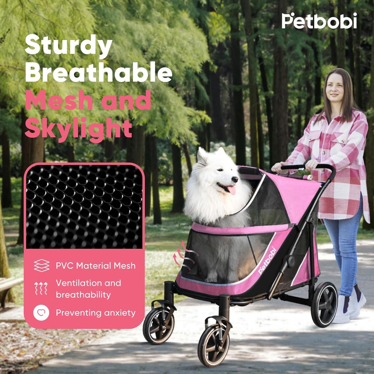 Petbobi Dog Stroller for Medium Dogs - Easy Fold Dual Entry Pet Stroller with One-Foot Brake, All Terrain Wagon Cart with Large Air Mesh, Ideal for Large Senior Pets up to 80 lbs, Pink