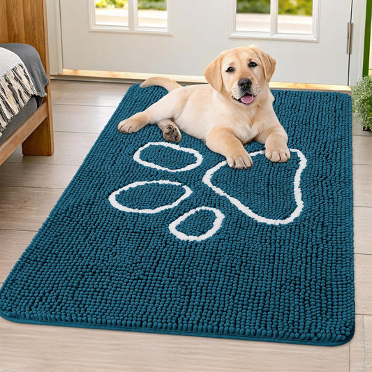 Smiry Dog Door Mat for Muddy Paws, Absorbent Dirt Trapper Non Slip Quick Dry Washable Chenille Mat for Mud Dogs, Entry Rug for Indoor and Outdoor (40x32 Inches, Atlantic Blue)