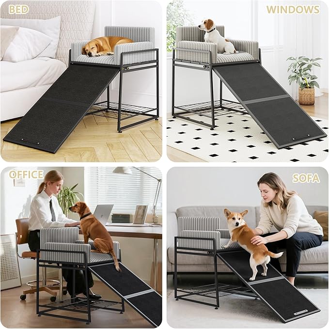 Pet Stairs Ramp with Seat,Dog Window Perch with Stairs and Storage,Dog Seat with Ramp Steps,Folding Pet Ramp for Dogs Cats,Bunk Bed Chair with Sofa Cushion for Bed Couch Office,Hold Up to 110 lbs
