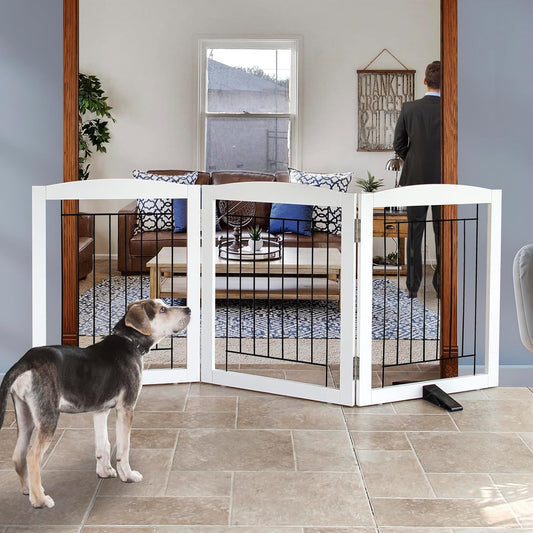 ZJSF Freestanding Dog Fence Indoor, Foldable Dog Gate for Doorways, Stairs or Hallways, Sturdy Wood Extra Wide Pet Gate with Support Feet for The House, White, 24 "Height-3 Panels