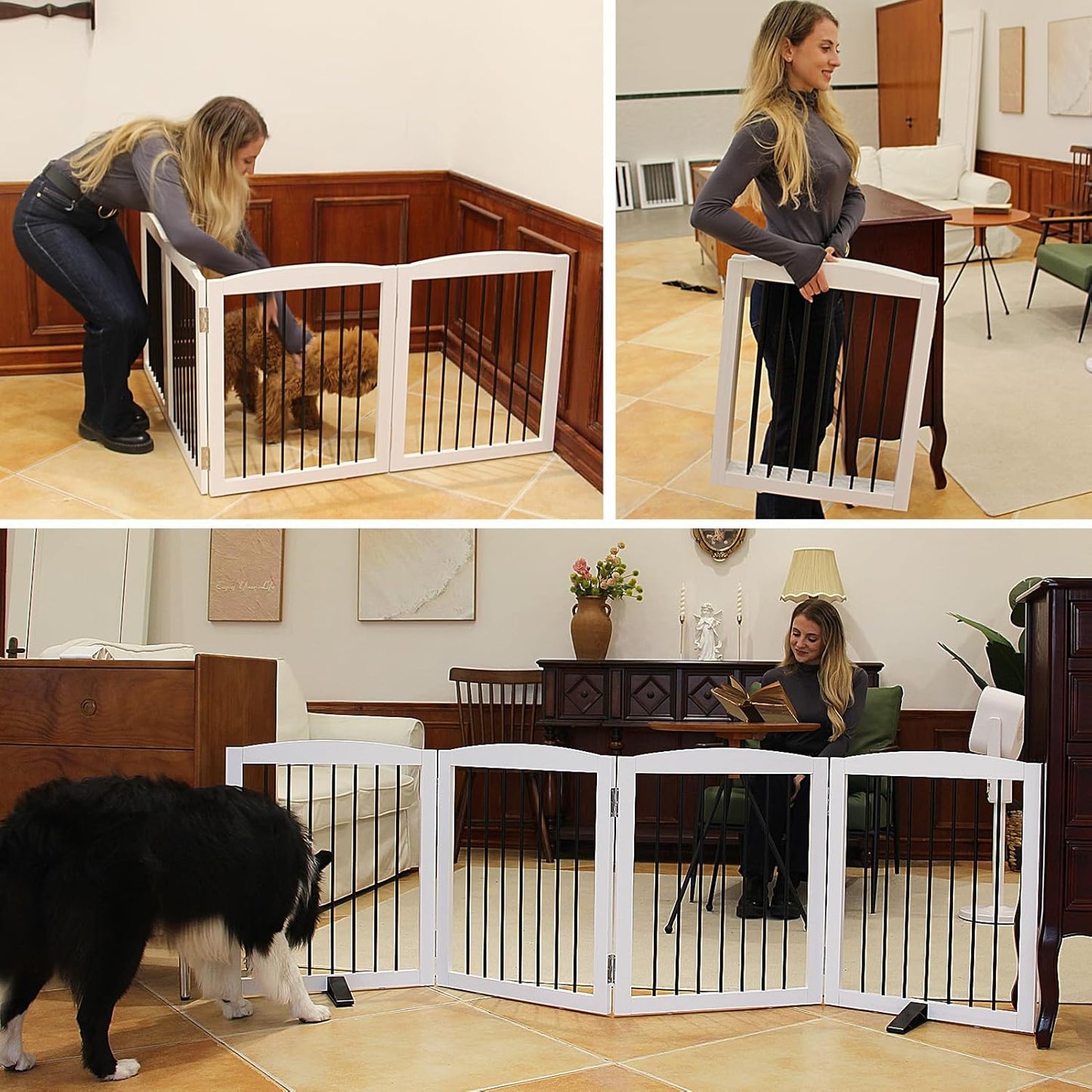 ZJSF Freestanding Panel Dog Gate for Indoor, Doorways,Stairs, or Hallways,Foldable Wooden White Pet Gates for House,Pet Gate for Dogs,Dog Fence, Puppy Gate,Support Feet Included,24 "Height-4 Panels