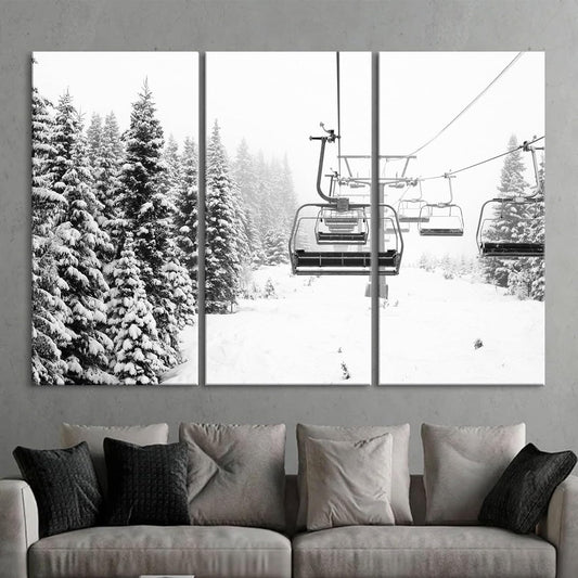 Nature Wall Art Prints - Ocean Forest Mountain Lake Canvas Landscapes - Small to Extra Large Living Room Bedroom Kitchen Bathroom Décor (Ski Lift on Snowy Mountain, 55L" x 83W"- 3 Panels)