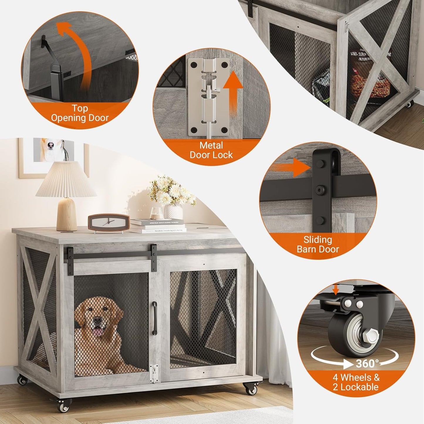 Dog Crate Furniture,37 Inch Indoor Dog Cage with Sliding Barn Door, Flip Top Dog Kennel End Table with Removable Divider, Farmhouse Wooden Pet House for Small to Middle Size Dogs