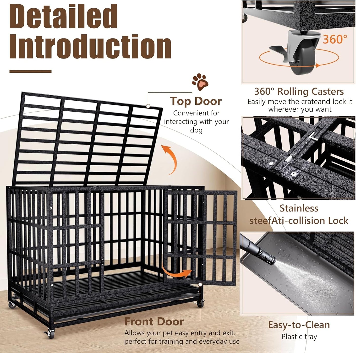 38 Inch Heavy Duty Dog Crate for Large Dogs,Upgraded Escape-Proof Kennel with Chew-Resistant Metal & Reinforced Base, Double Door Cage with Wheels & Removable Tray, Holds Up to 200lbs
