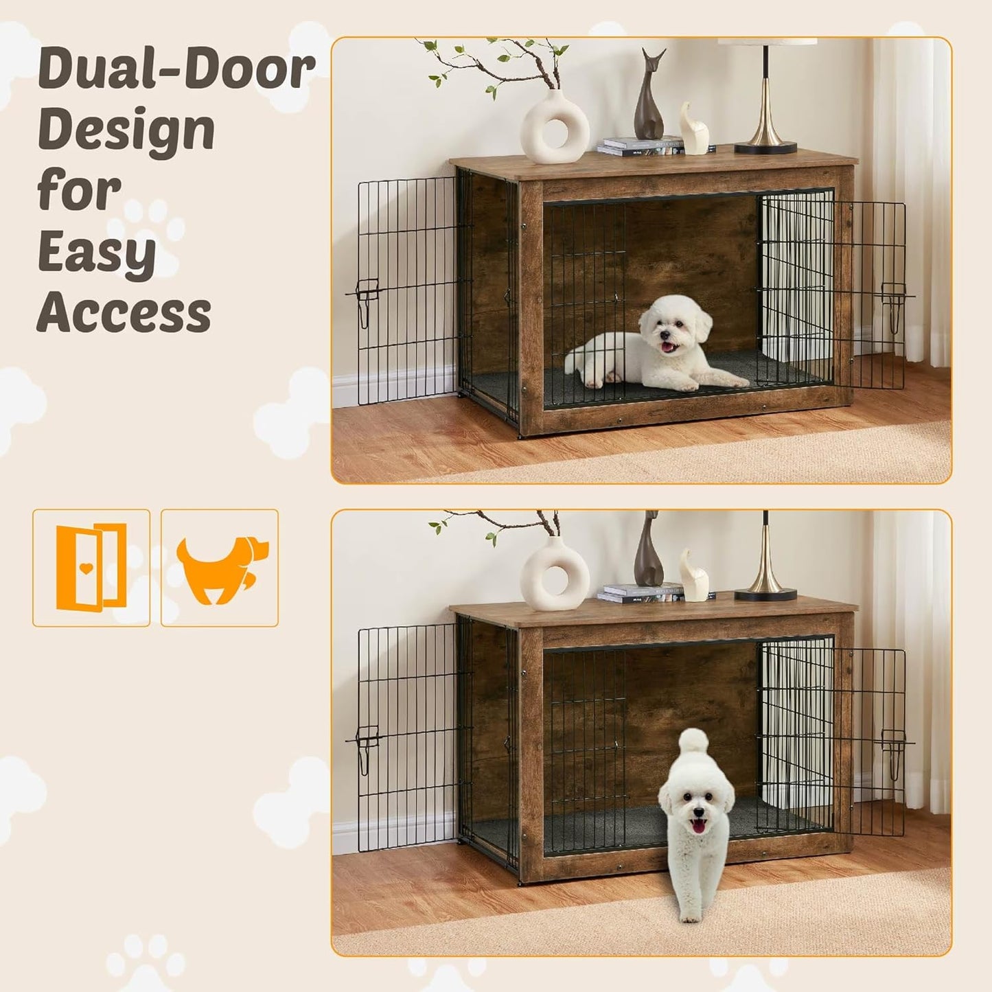 Dog Kennel Furniture, Wooden Dog Crate End Table with Dual Doors, Chew-Proof Design & Cushion, Heavy Duty Dog Crate, Decorative Pet Crate Dog Cage for Indoor (27 Inch)