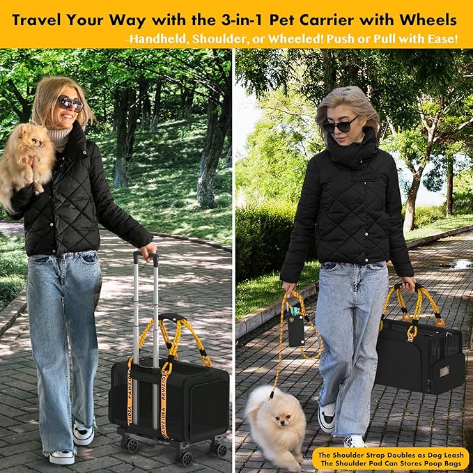 PAWZIDEA Pet Carrier with Wheels, 18x11x11 TSA Airline Approved Cat Carrier for 2 Cats Under Seat, Expandable Soft-Sided Rolling Dog Carriers for Small Dogs Travel Bag with Telescopic Handle, Black