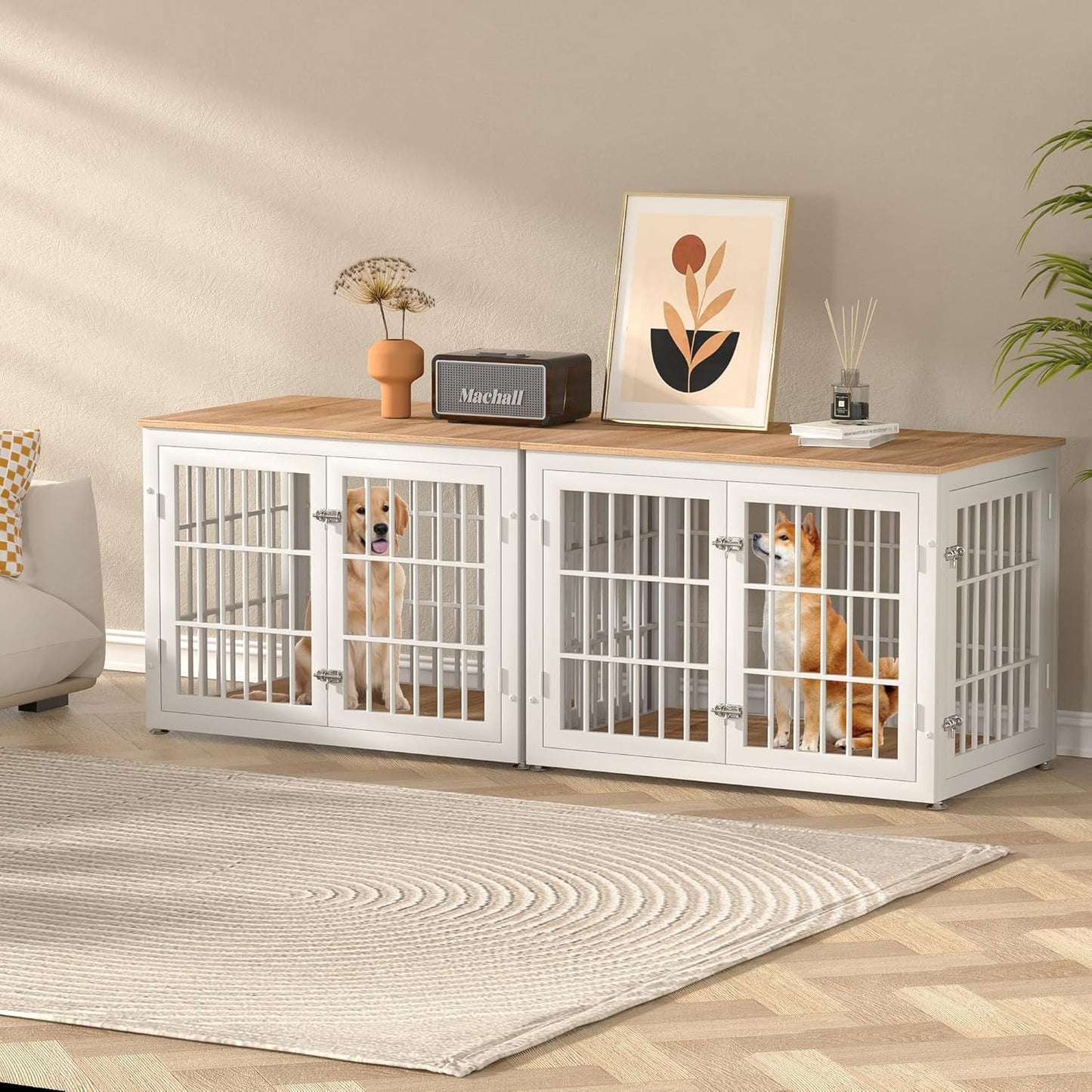 38 Inch Heavy Duty Dog Crate Furniture for Large and Medium Dogs, Decorative Pet House End Table, Wooden Cage Kennel Furniture Indoor, Natural and White