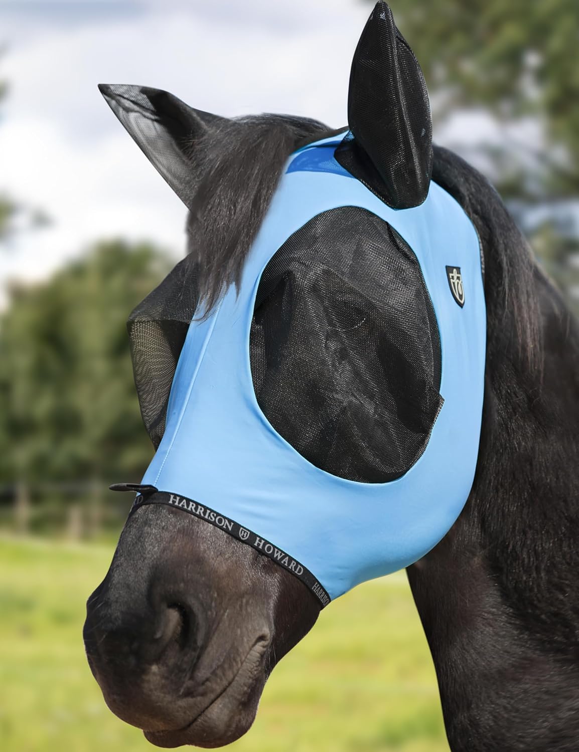 Harrison Howard Horse Fly Mask with Forelock Opening Stretch Breathable and Comfortable for Horses UV -Protection Ice Blue L