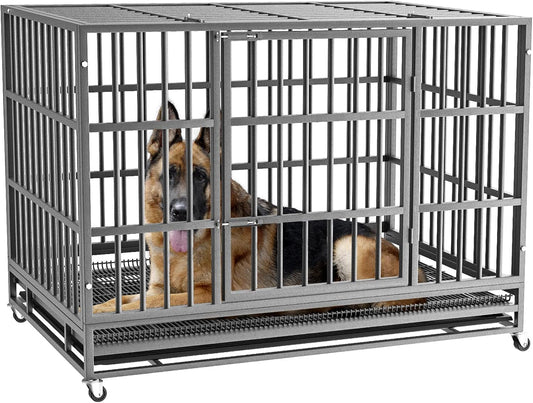 LEMBERI 48/38 inch Heavy Duty Indestructible Dog Crate, Escape Proof Dog Cage Kennel with Lockable Wheels,High Anxiety Double Door Dog Crate,Extra Large Crate Indoor for Large Dog with Removable Tray