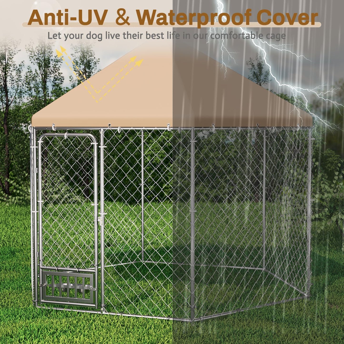 Outdoor Dog Kennel with Cover, Large Dog Run Fence House Big Cage Pen Enclosure, Heavy Duty Dogs Play Cage Pen Kennel (110" L x 95" W x 92.8" H)