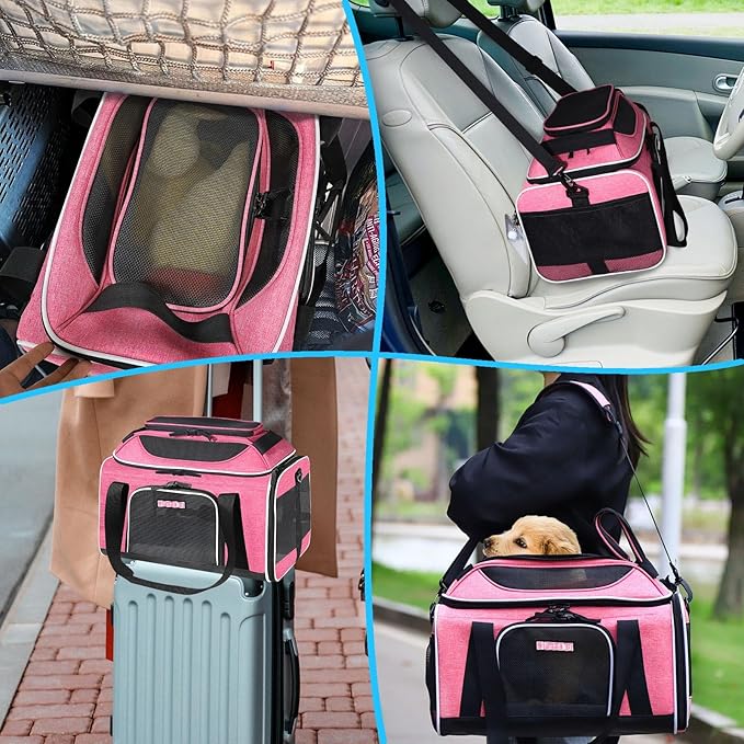 Petskd Top-Expandable Pet Carrier 17x11x9.5 Inches Alaska Airline Approved, Soft-Sided Carrier for Small Cats and Dogs with Locking Safety Zippers and Anti-Scratch Mesh(Pink)