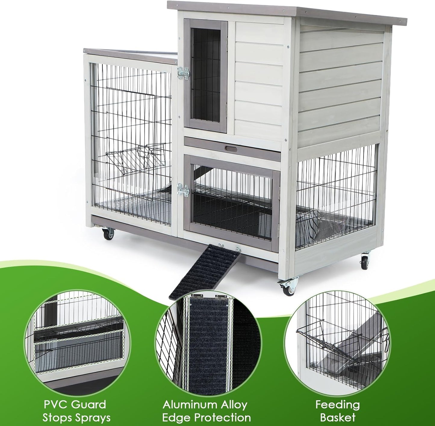 Rabbit Hutch Indoor Bunny Cage Outdoor House with Urine Guards and 2 Trays for Small Animals Guinea Pigs