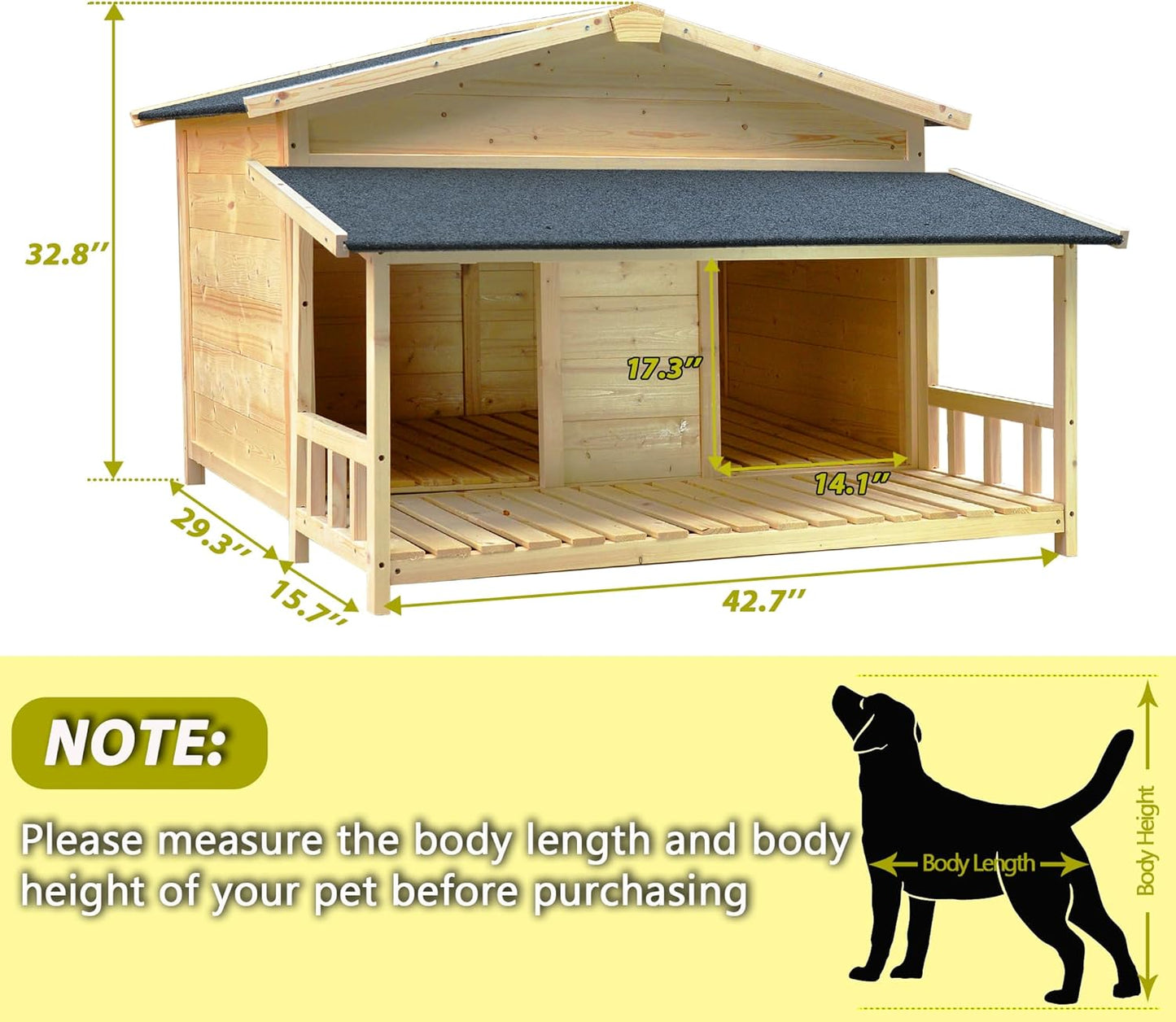 Large Outdoor Wooden Dog House – Weatherproof Double Kennel with Asphalt Roof & Covered Porch, Ideal for Medium to Large Breeds