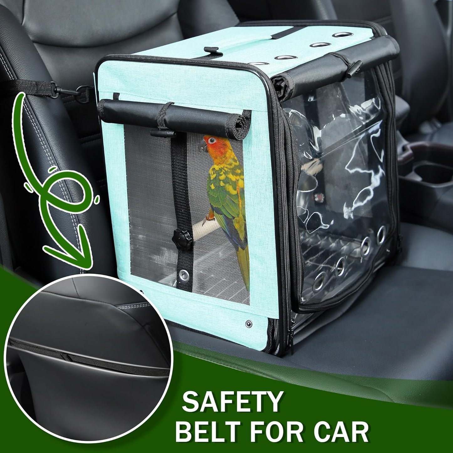 Suertree Bird Carrier with Seat Belt for Car Travel, Bird Backpack Carrier with Indestructible Stainless Steel Mesh, Large Bird Carrier Travel Cage, Green
