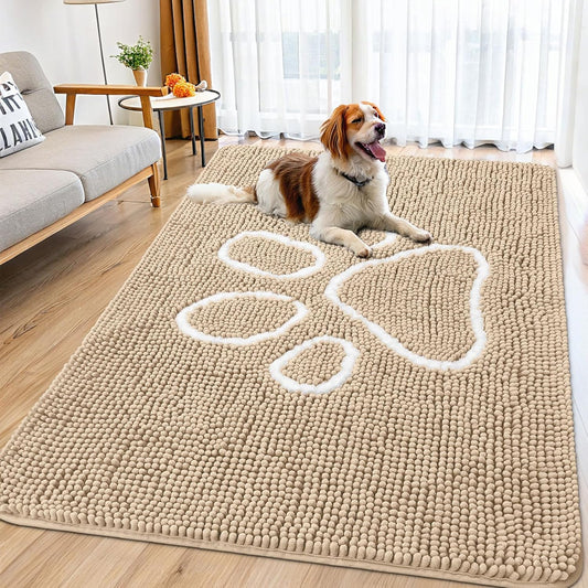 Smiry Dog Door Mat for Muddy Paws, Absorbent Dirt Trapper Non Slip Quick Dry Washable Chenille Mat for Mud Dogs, Entry Rug for Indoor and Outdoor (71x46 Inches, Beige)