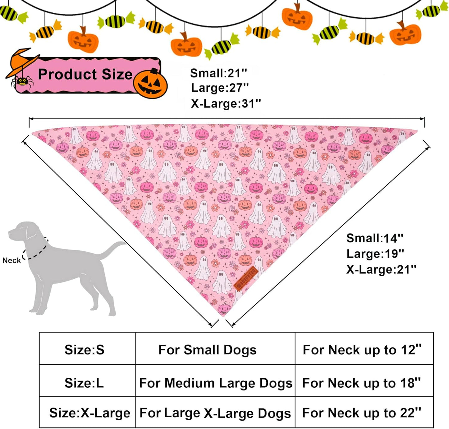 ADOGGYGO Halloween Dog Bandana, Pink Pumpkin Ghost Scarf, Adjustable Fit Female Halloween Bandanas for Small Dogs Puppies (Small)