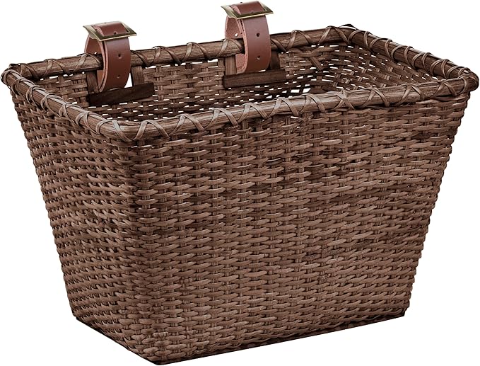 Retrospec Bicycles Cane Woven Rectangular Toto Basket with Authentic Leather Straps and Brass Buckles