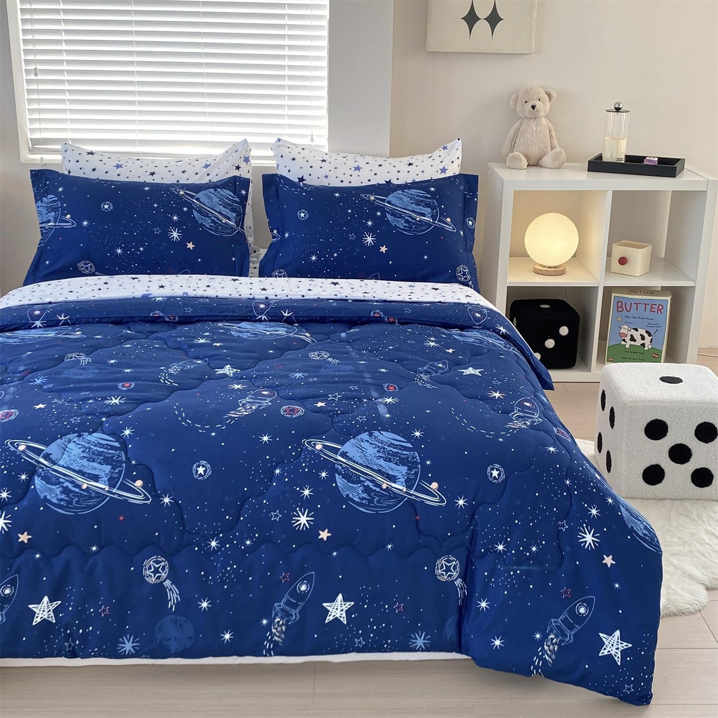 7 Piece Boys Space Comforter Set Full Size Bed in A Bag Star Rocket Galaxy Universe Planets Bedding Set for Kids Teens Girls Microfiber Blue Quilt All Season
