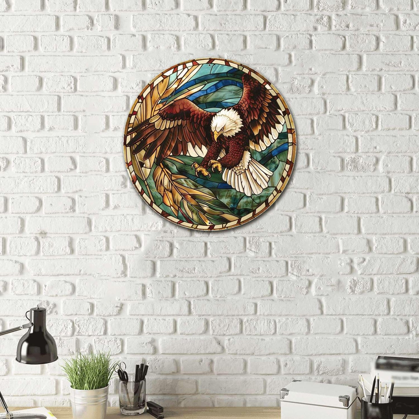 Lygond Metal Sign Tin Sign Circular Stained Glass Eagle Inspirational Wall Art for Garden 12×12 Inches
