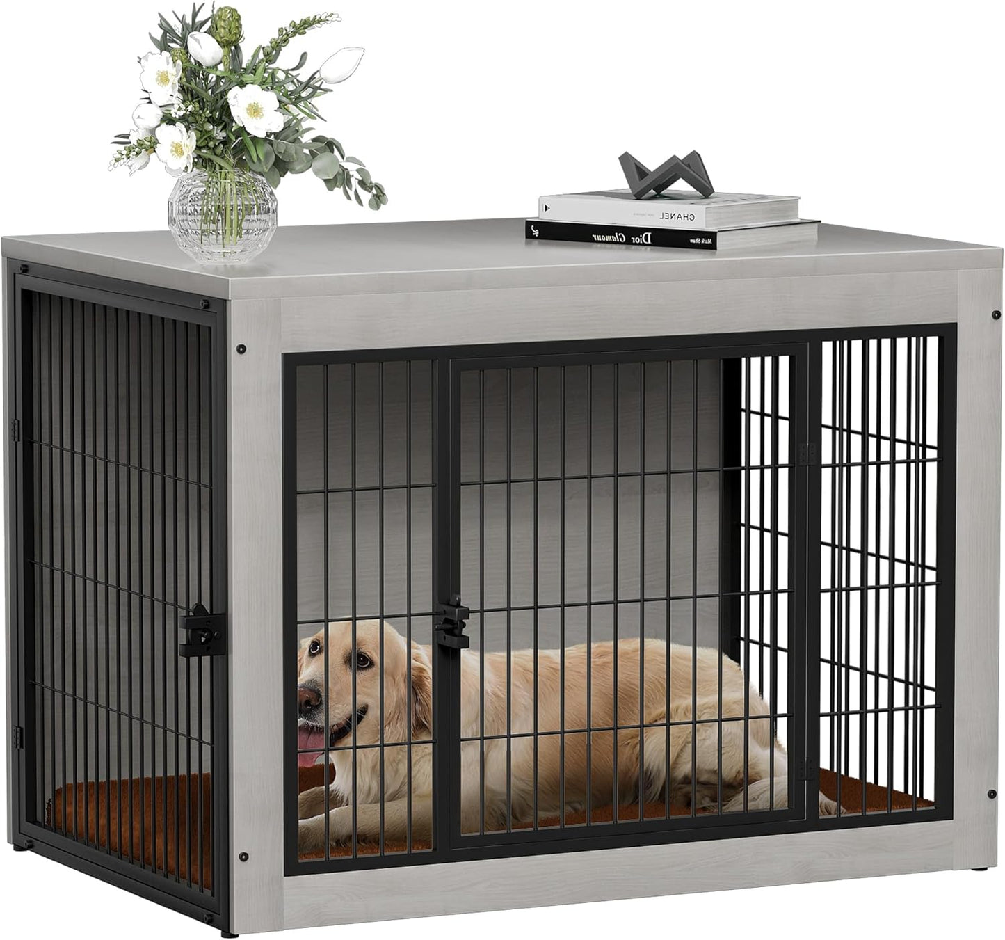 Bigrab Dog Crate Furinture with Thick Cushion, Side End Table Wooden Dog Cage with Double Doors, Chew-Resistant Dog Kennel Dog House Indoor for Small to Large Dog, L (Grey)