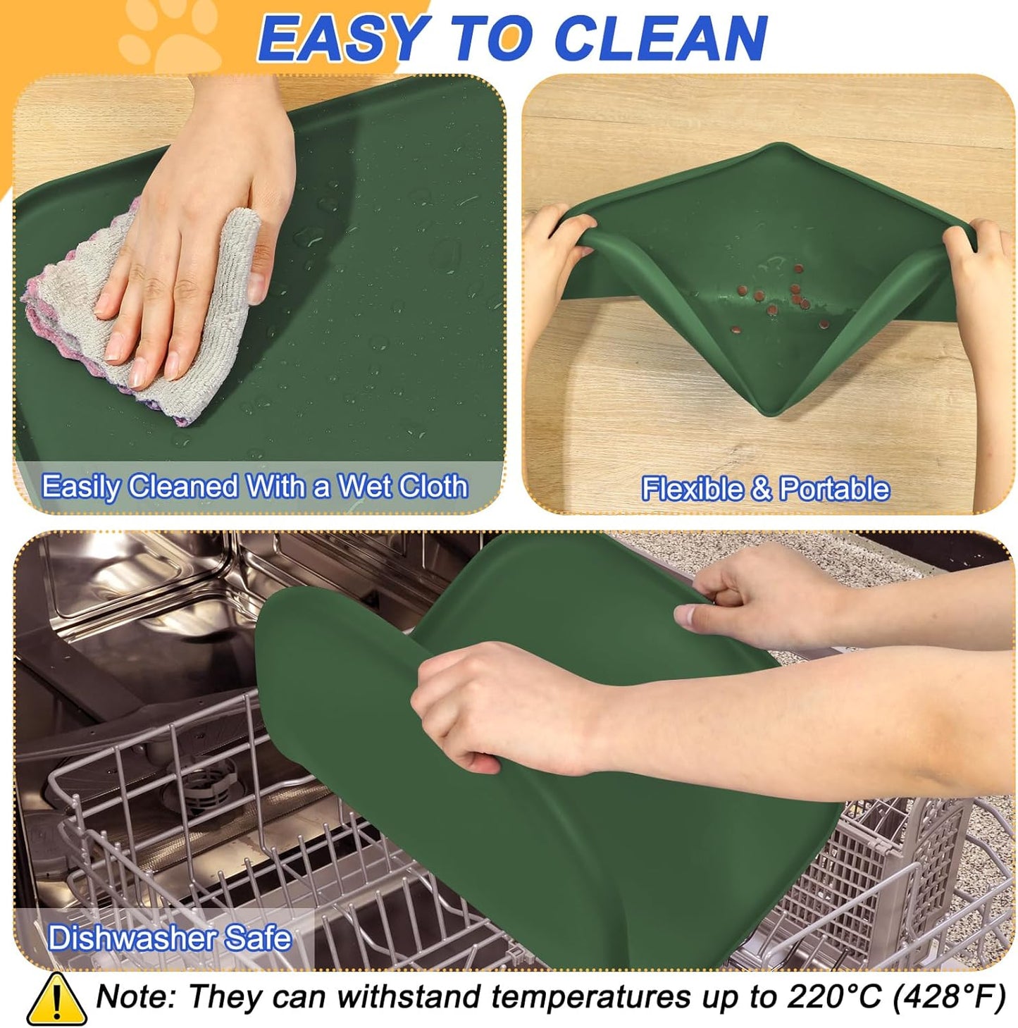 Silicone Pet Feeding Mat with Raised Edge for Food and Water, Dog Bowl Mats, Cat Bowls Placemat with High Lip for Floor Waterproof, Rubber Tray for Cats and Dogs 24 x 16 x0.8 Dark Olive