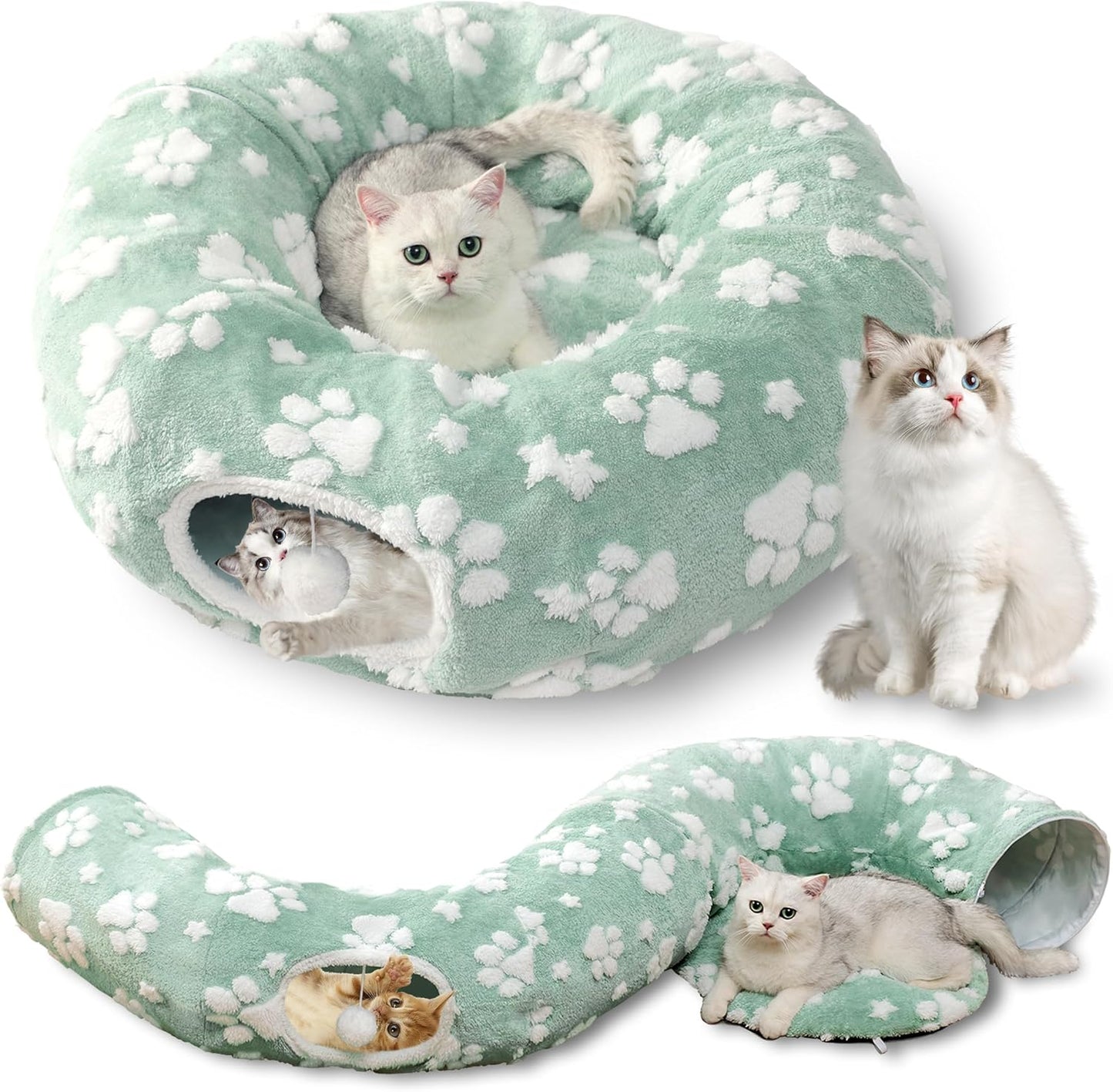 Cat Tunnel for Indoor Cats, Cute Peekaboo Cave with Dangling Balls, Pet Donut Tunnel Bed with Circle Mat for Puppy Kitten Rabbit, Green