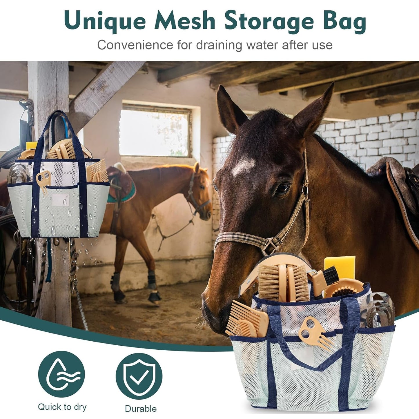 Horse Grooming Kit for Bathing, 13Pcs Horse-Brush Set with Mesh Bag, Shower Brushes, Braiding and Curry Comb, Sweat Scraper, Hoof Pick, Shedding Massaging Tool Supplies for Riders Beginners