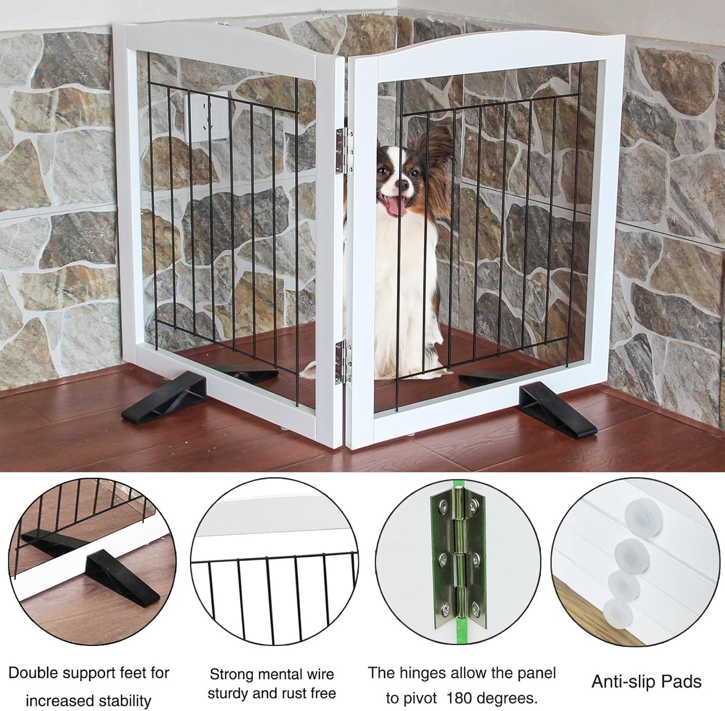 ZJSF Freestanding Dog Fence Indoor, Foldable Dog Gate for Doorways, Stairs or Hallways, Sturdy Wood Extra Wide Pet Gate with Support Feet for The House, White, 32 "Height-2 Panels