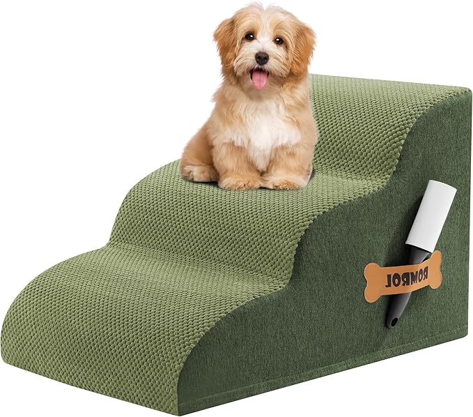 Romrol Dog Stairs Ramp for High Beds Couches, High Density Foam Pet Steps with Durable Non-Slip Waterproof Fabric Cover, Dog Stairs for Small Dogs or Cats or Pets, 3-Step,15 Inch,Green