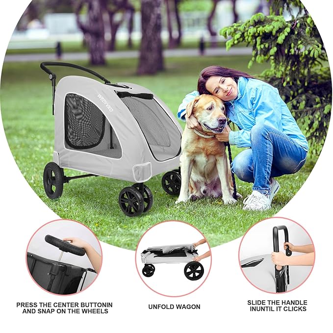 Large Dog Travel Stroller with 4 Heavy Duty Wheels Pet Stroller with Adjustable Handle - Double Doggie Capacity Jogger Wagon with Back Front Door for Small Medium Large Dogs (Grey)