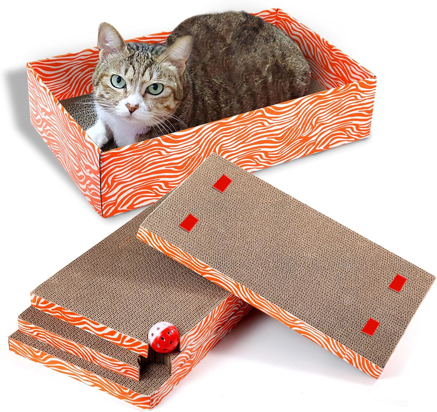 Cat Scrather Box with 4 pcs Large Scratching Cardboard and Toy Ball, Catnip, 4 in 1 Large Refillable & Reversible Cat Scratcher Pad, Cardboard Cat Bed for Big Medium Small Lazy Kitty