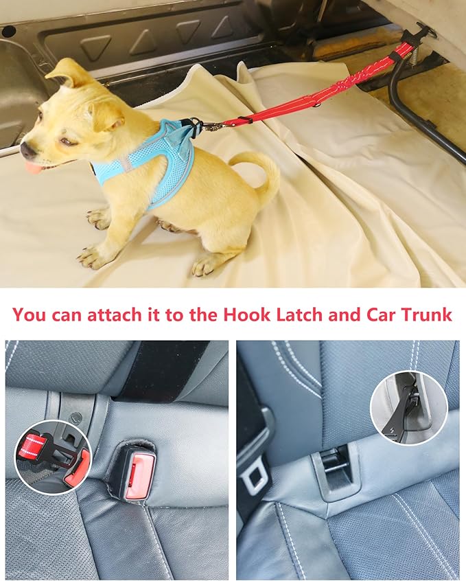 AUBELL Dog Seat Belt for Car,2 Pack Set 3-in-1 Adjustable Reflective Bungee Heavy Duty Dog Car Harness Tether with Clip Hook Latch & Buckle,Swivel Zinc Alloy Carabiner,Black+Red