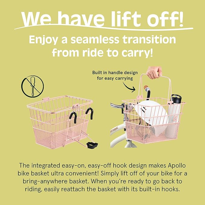 Retrospec Apollo Detachable Front Bike Basket Steel Half-Mesh with Integrated Detachable Hooks and Built-In Handle, Easy Assembly and Portability for Bicycles