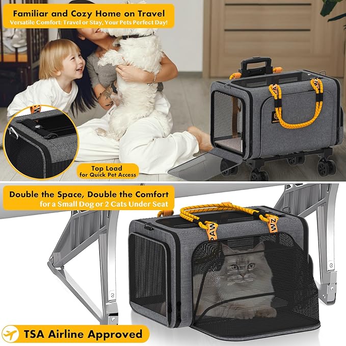 PAWZIDEA Pet Carrier with Wheels, 18x11x11 TSA Airline Approved Cat Carrier for 2 Cats Under Seat, Expandable Soft-Sided Dog Carrier for Small Dogs Rolling Travel Bag with Telescopic Handle, ID Card