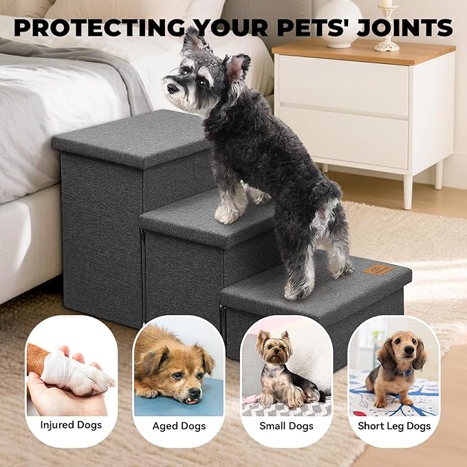 Dog Stairs with Storage 18" H, 3-Step Wider Dog Steps for Small/Medium/Large Old Dogs Cats, Folding Sturdy Pet Stairs Climbing Bed Couch, Ramp for Car Hold Up to 200 lbs (Dark Grey, No Condo)