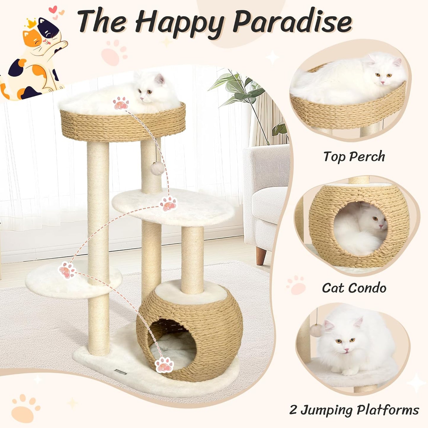KAMABOKO Modern Cat Tree, 39" Tall Cat Trees for Kittens Climb Play & Rest, Cat-Tree for Indoor Cats w/Natural Sisal Scratching Posts, Hand-Woven Condo & Top Perch