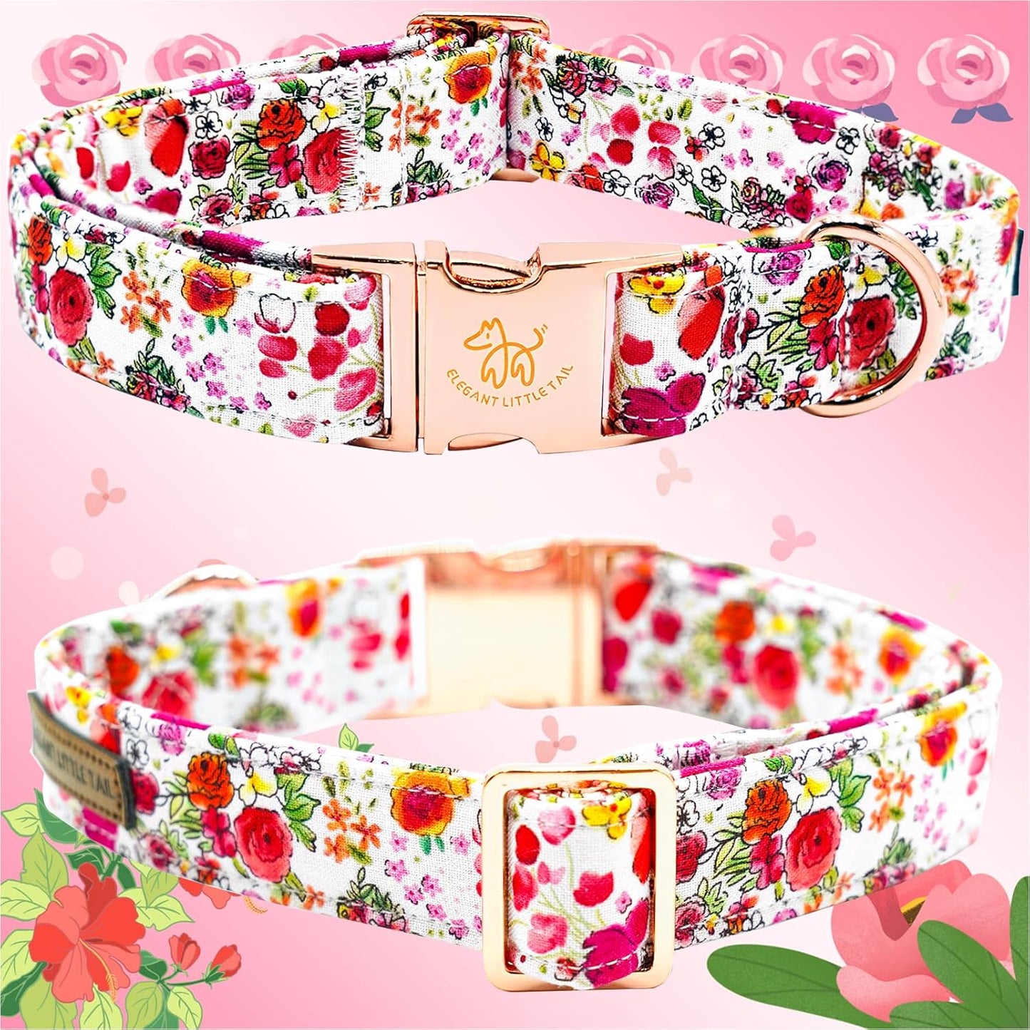 Elegant little tail Dog Collar, Pink Rose Print Pet Collar Summer Dog Collar Durable Metal Buckle Dog Collars Cotton Pet Adjustable Dog Collars for Medium Dogs