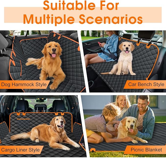 Dog Car Seat Cover, Durable Waterproof Scratch Proof Nonslip Dog Hammock, Back Seat Covers with Pocket for Cars SUVs and Trucks - S, Black/Orange