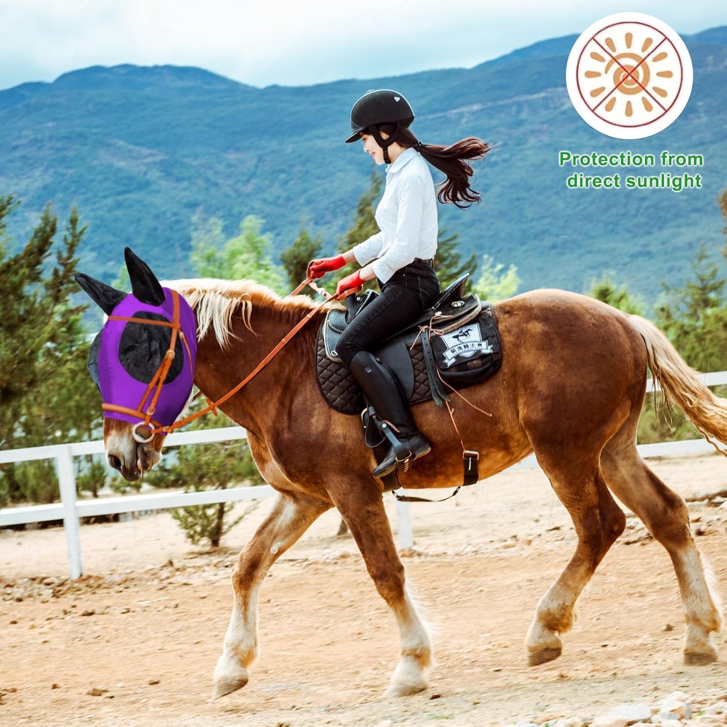 Horse Fly Mask with Ears, Comfortable Fit Stretch Fabric with UV Protection Soft on Skin Breathability for Small/Medium Size Horses (Purple)