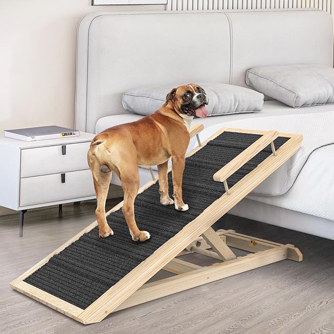 Dog Ramp for Couch, Bed or Car, Wooden 44" Long Pet Stairs for Small & Large Old Dogs & Cats, Hold up to 200lb, 5 Adjustable Height from 14.96" to 22", Portable Doggie Steps, Excellent Traction