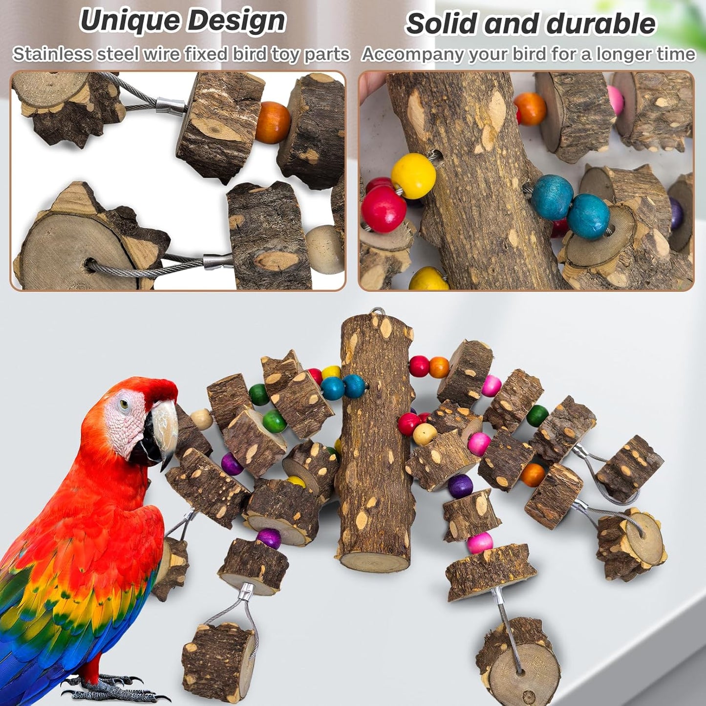 PINVNBY Large Bird Parrot Toys, Natural Wooden Blocks Chew Toy, Durable Cage Bite for African Grey Cockatoo Macaws Cockatiels Eclectus Large Medium Parrots (Small Size, Wire Link)