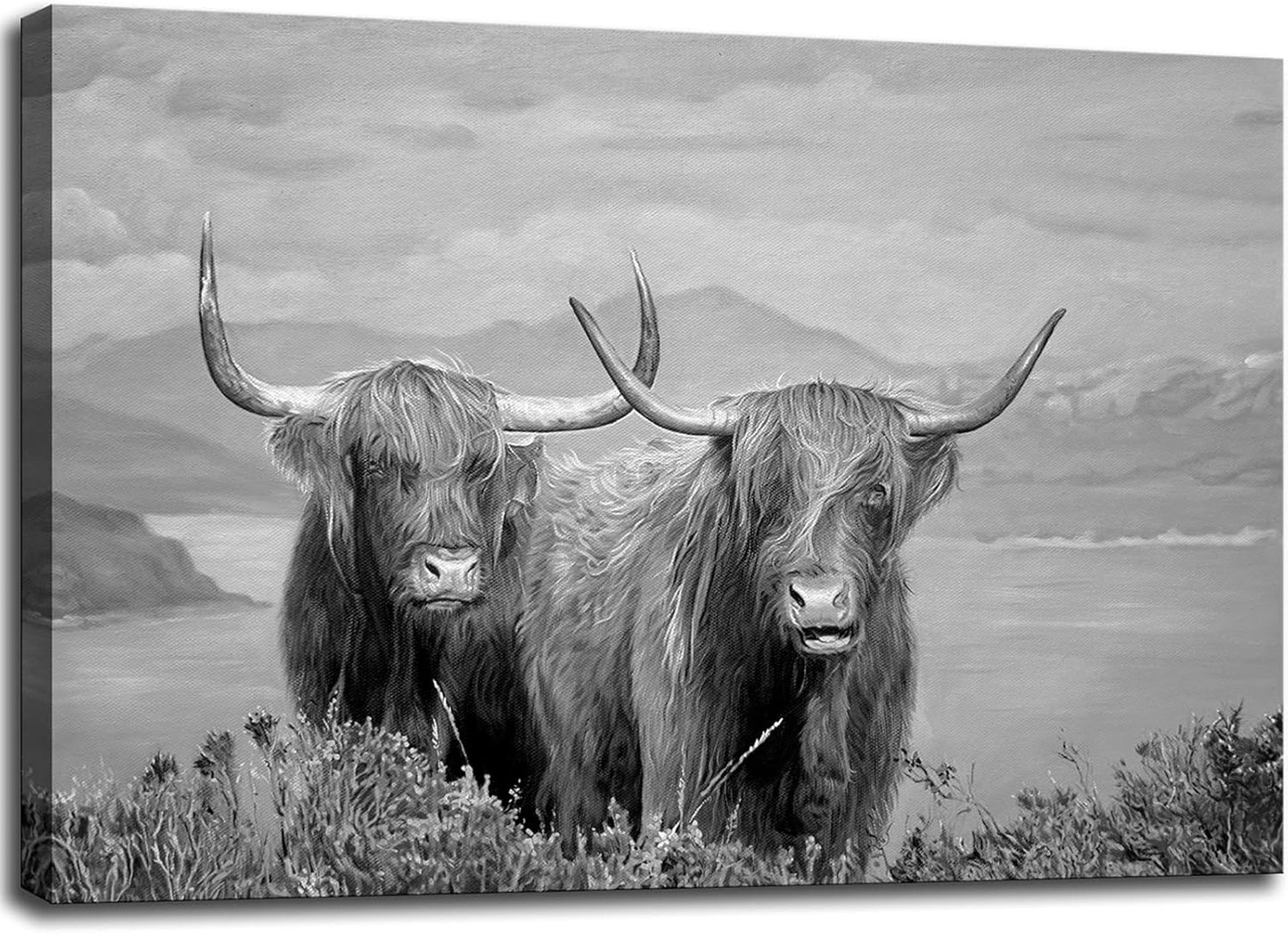 Wall Art for Living Room Highland Cow Wildlife Portrait Canvas Picture Black and White Animal Print Painting Scottish Farmhouse Artwork for Bathroom Bedroom Office Decor 24"x36"