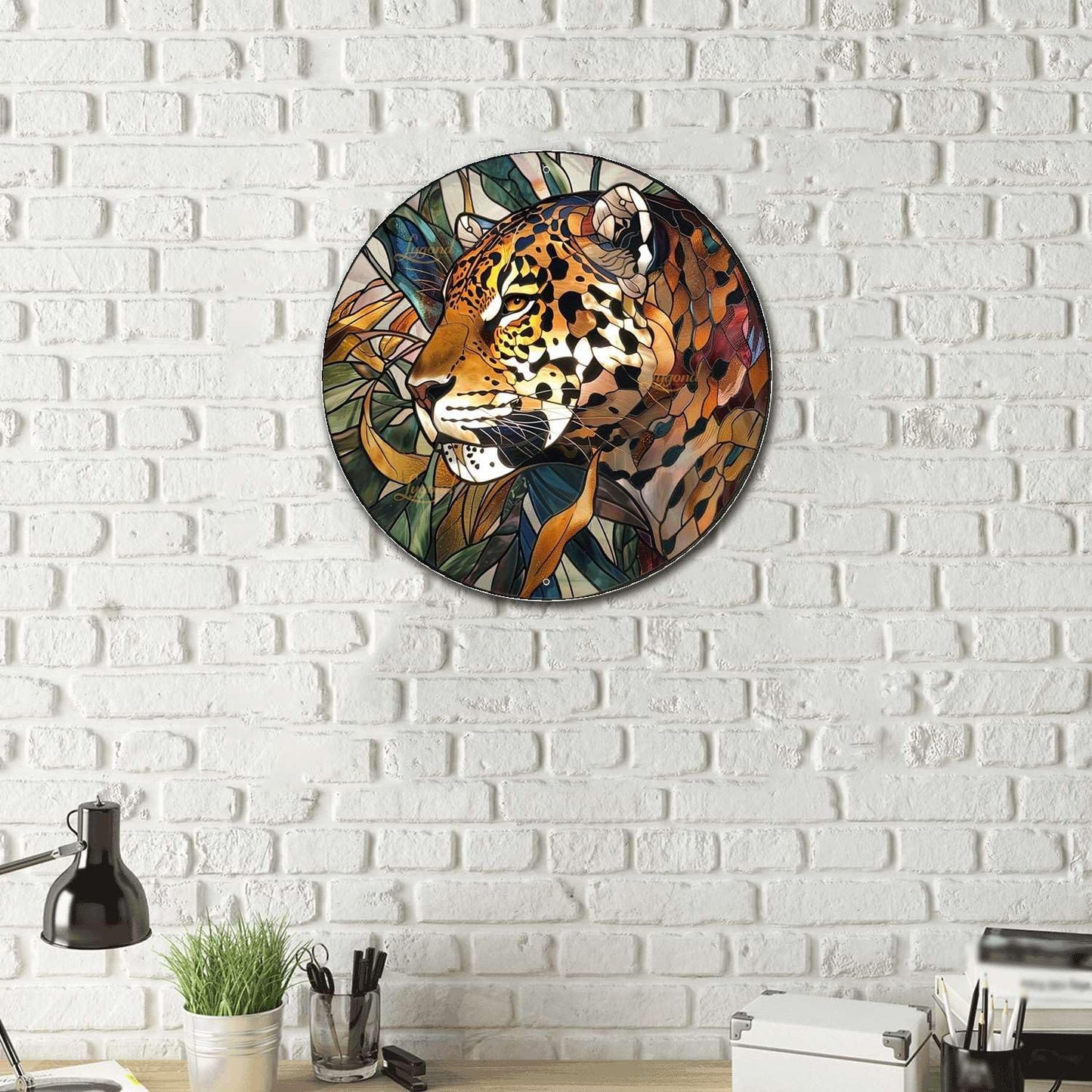 Lygond Metal Sign Tin Sign Circular Stained Glass Jaguar Boho Bedroom Decorations for Yard 12×12 Inches