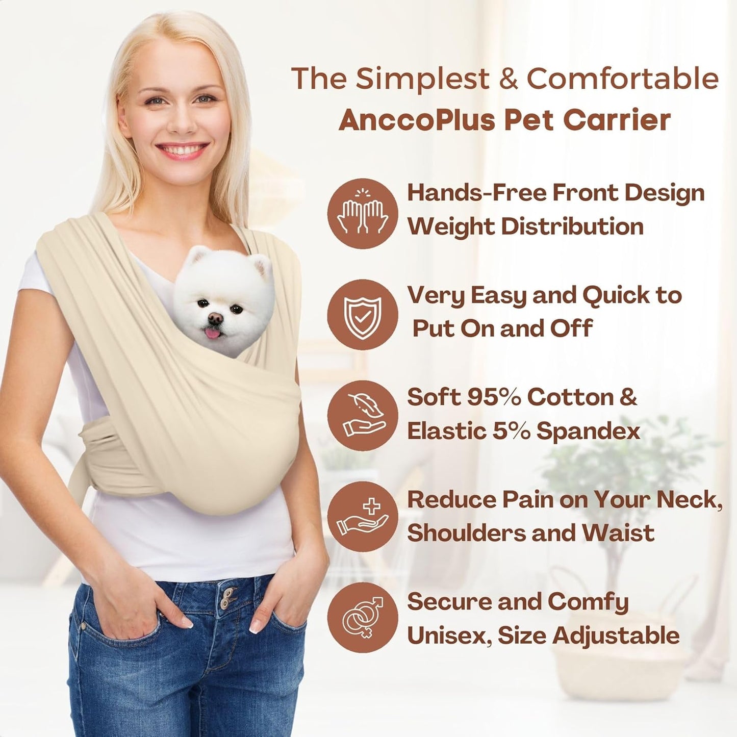 Dog Carriers for Small Dogs, Front Facing Dog Sling Carrier, Hands Free Cat Carrier, Size Adjustable, Reducing Back Pain, Premium Cotton, Safe and Soft Dog Carrier (Regular, Beige)