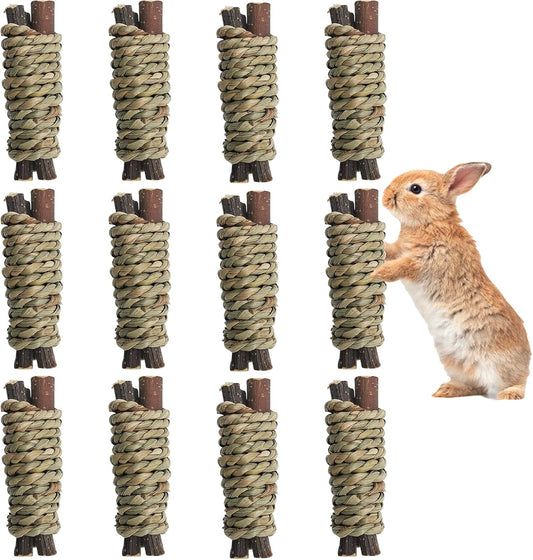 Fhiny 12 PCS Guinea Pigs Chew Toys, Natural Apple Branch Seagrass Molar Sticks for Teeth Bunny Chew Toys Cage Accessories for Guinea Pigs Rabbit Bunny Hamster Chinchilla