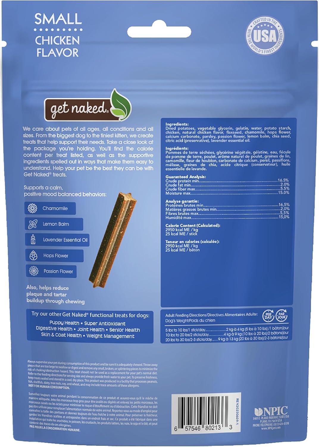 Get Naked Calming Dental Sticks for Dogs – Grain-Free Chicken Flavor, Anxiety Relief with Chamomile, Passion Flower, No CBD, Tartar Control, Gluten-Free – Small Sticks 6.2 oz Bag