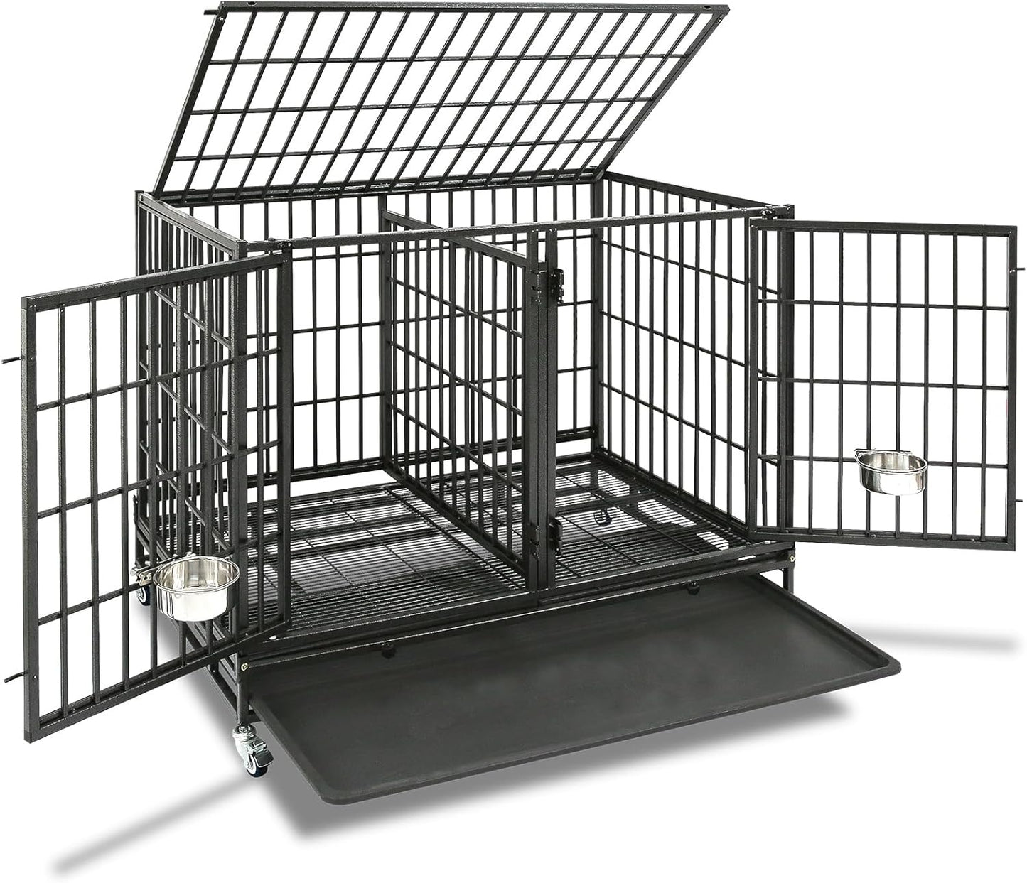 Homey Pet 43/48/37 inch Stackable Heavy Duty Dog Crate Cage on Wheels with Divider, 2X Steel Bowls, 4X Lockable Wheels, Tray, Indestructible Escape Proof Lager Dog Kennel Indoor