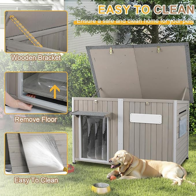 Weatherproof Outdoor Dog House, Wooden Puppy Shelter with Anti-Chewing Iron Frame and Elevated Floor, Sturdy Dog Kennel for Small, Medium & Large Dogs, Grey (Gray, 51" L x 29" W x 32" H)
